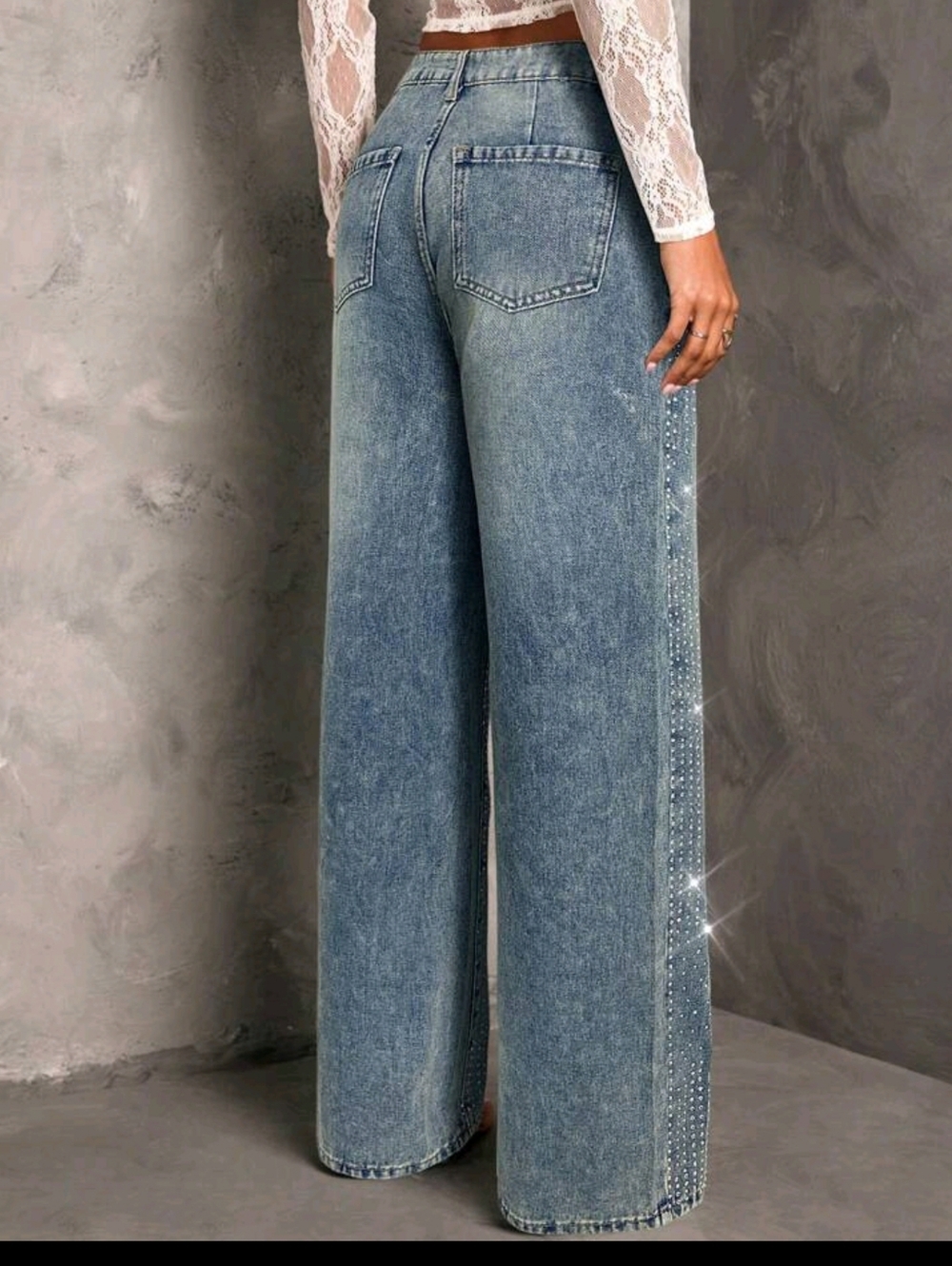 Rhinestone Embellished Wide-Leg Jeans - Blue - Picture 2 of 5